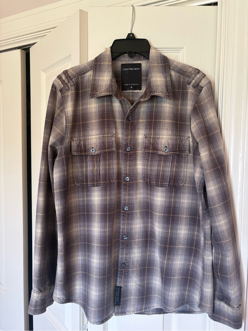 Calvin Klein Jeans Men's Plaid Button-Down Shirt in Gray and Brown